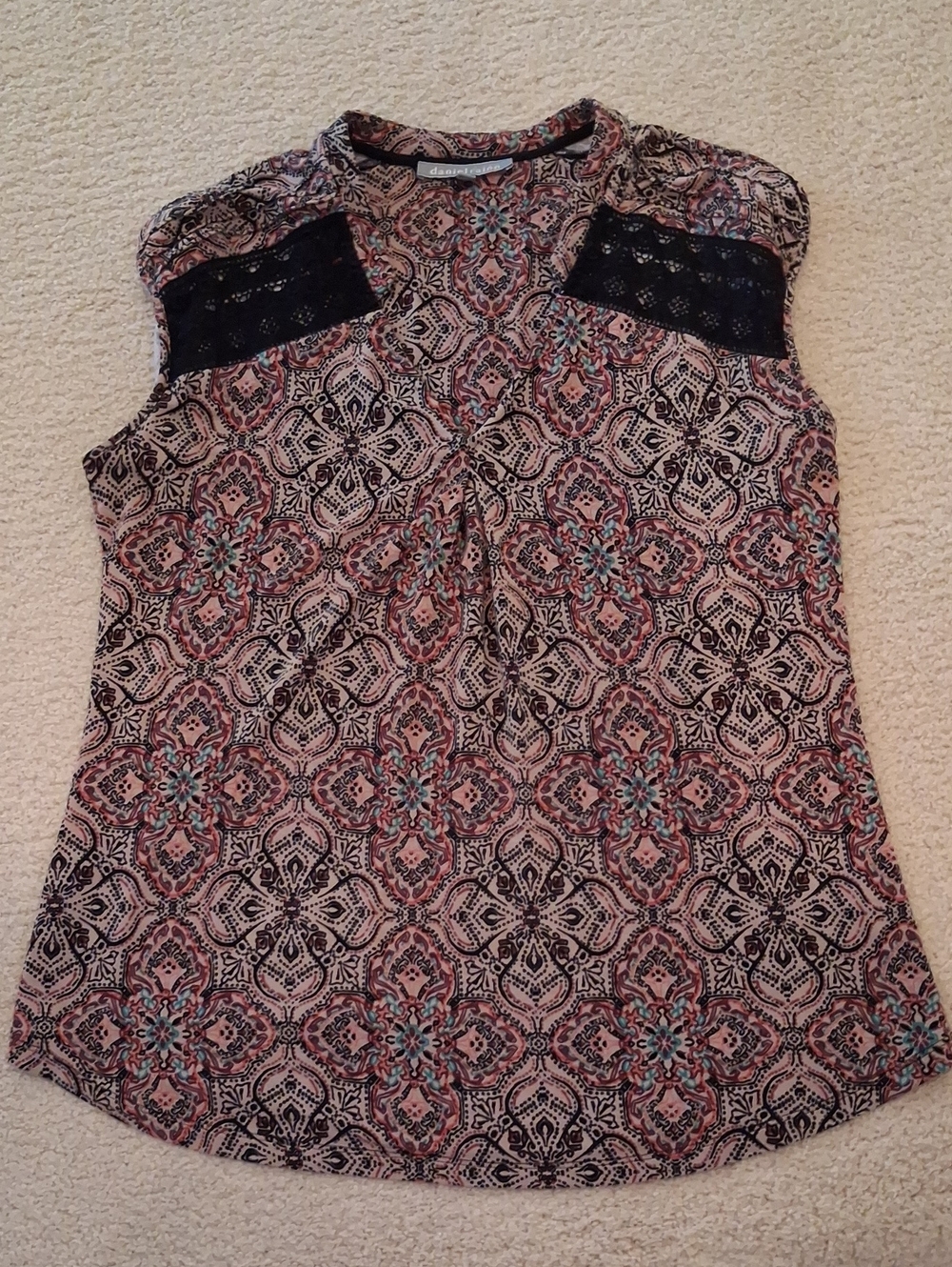 Daniel Rainn Pink and Black Medallion Lace-Trim Sleeveless Blouse Womens Medium
